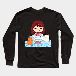 Coffee time with cats, cartoon drawing Long Sleeve T-Shirt